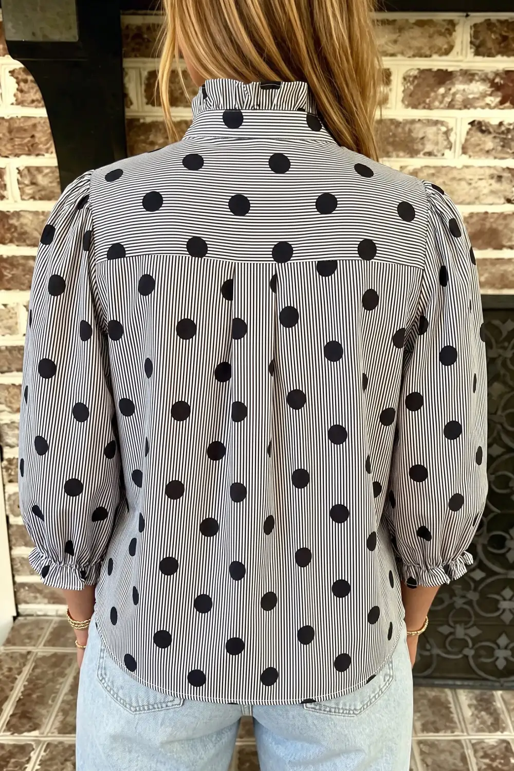 Women's Striped Polka Dot Three Quarter Sleeve Blouse