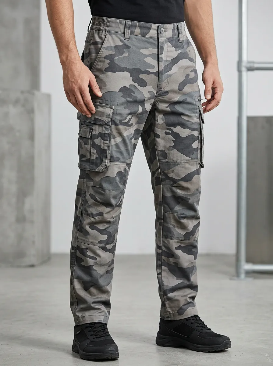 Men's Tactical Outdoor Grey Camouflage Printed Cargo Pants