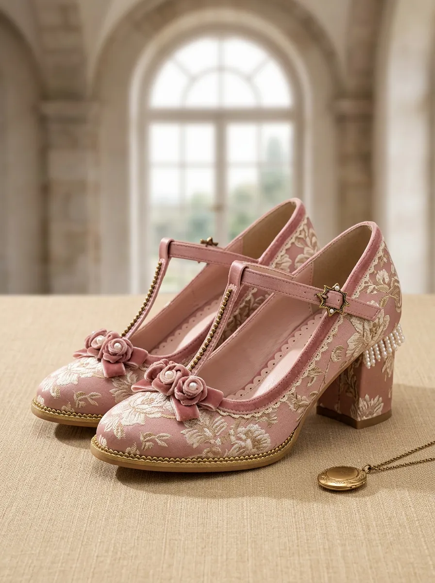T-Strap Pearl Floral Embroidered Women's Bavarian Occasion Heels