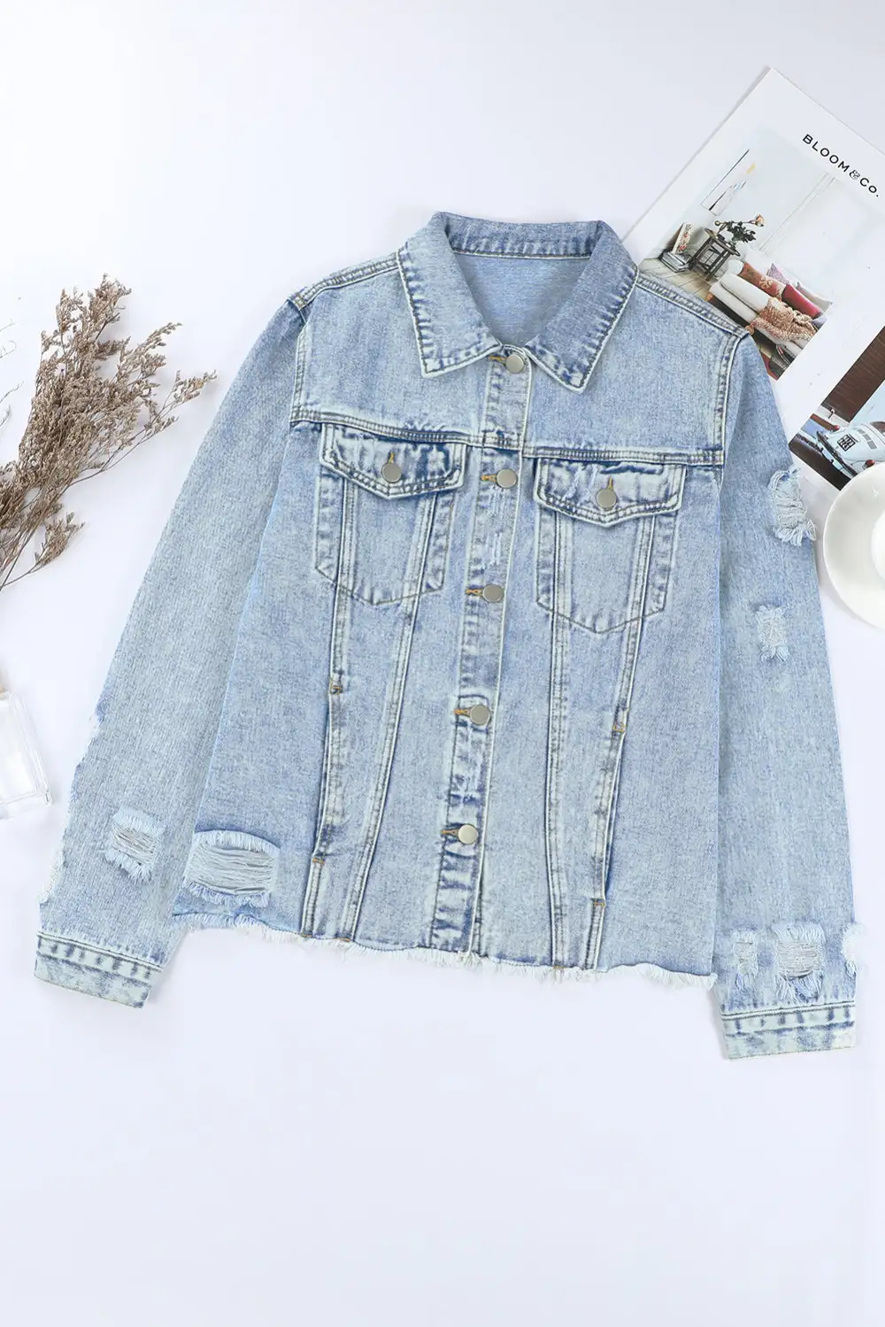 Women's Lapel Distressed Raw Hem Buttons Denim Jacket