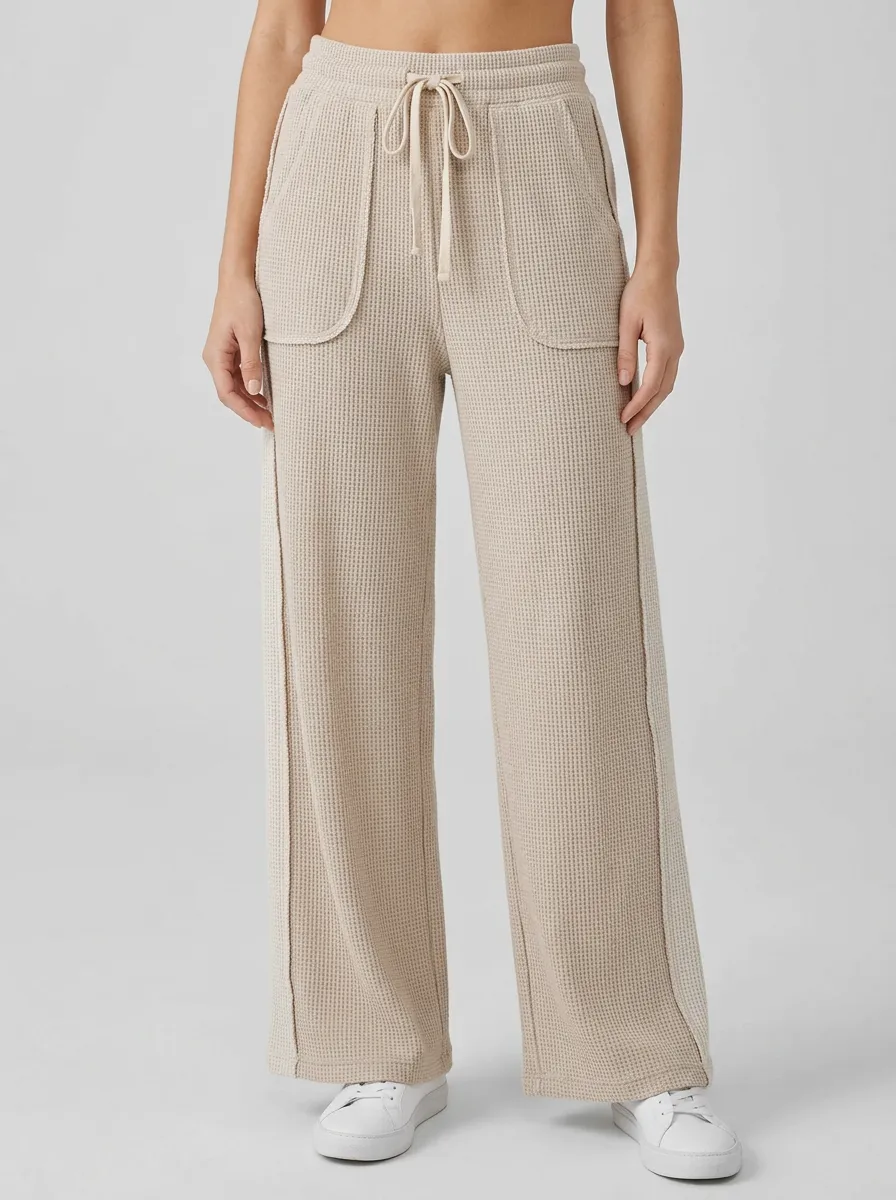 Women's Casual Lounge Waffle Knit Drawstring Wide Leg Pants