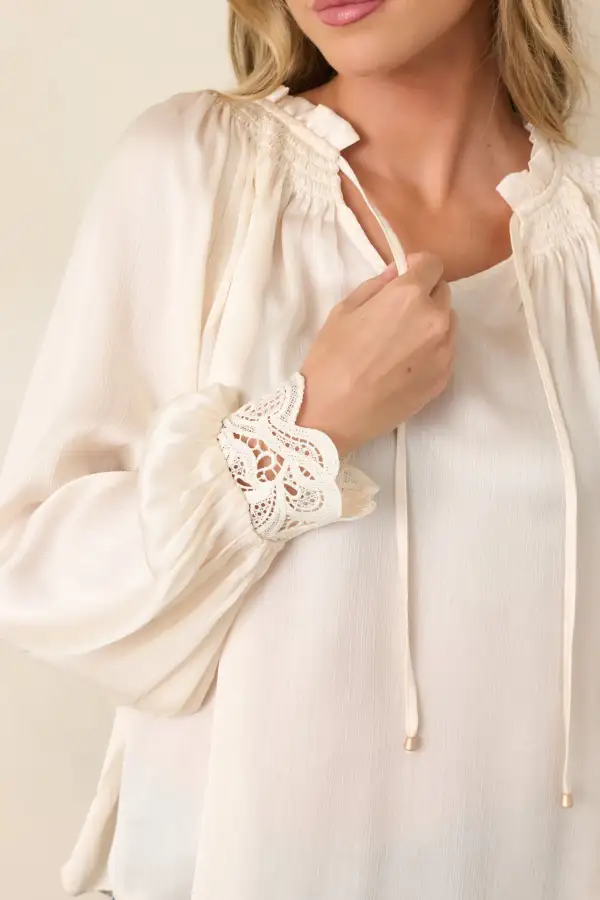 Lace-Cuff Long-Sleeve Denim Blouse