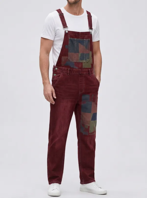 Patchwork Print Denim Overalls