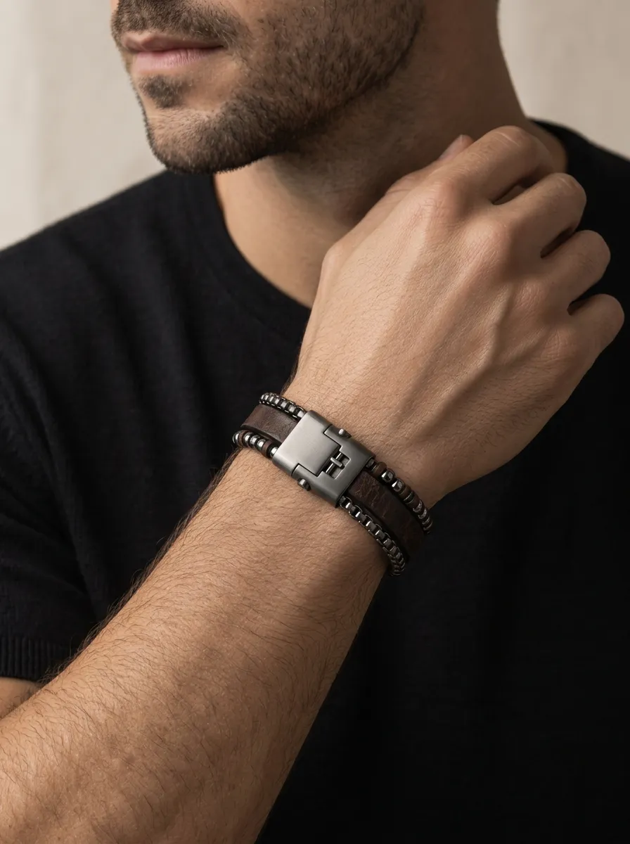 Men's Vintage Leather Multi-Layer Stainless Steel Clasp Bracelet
