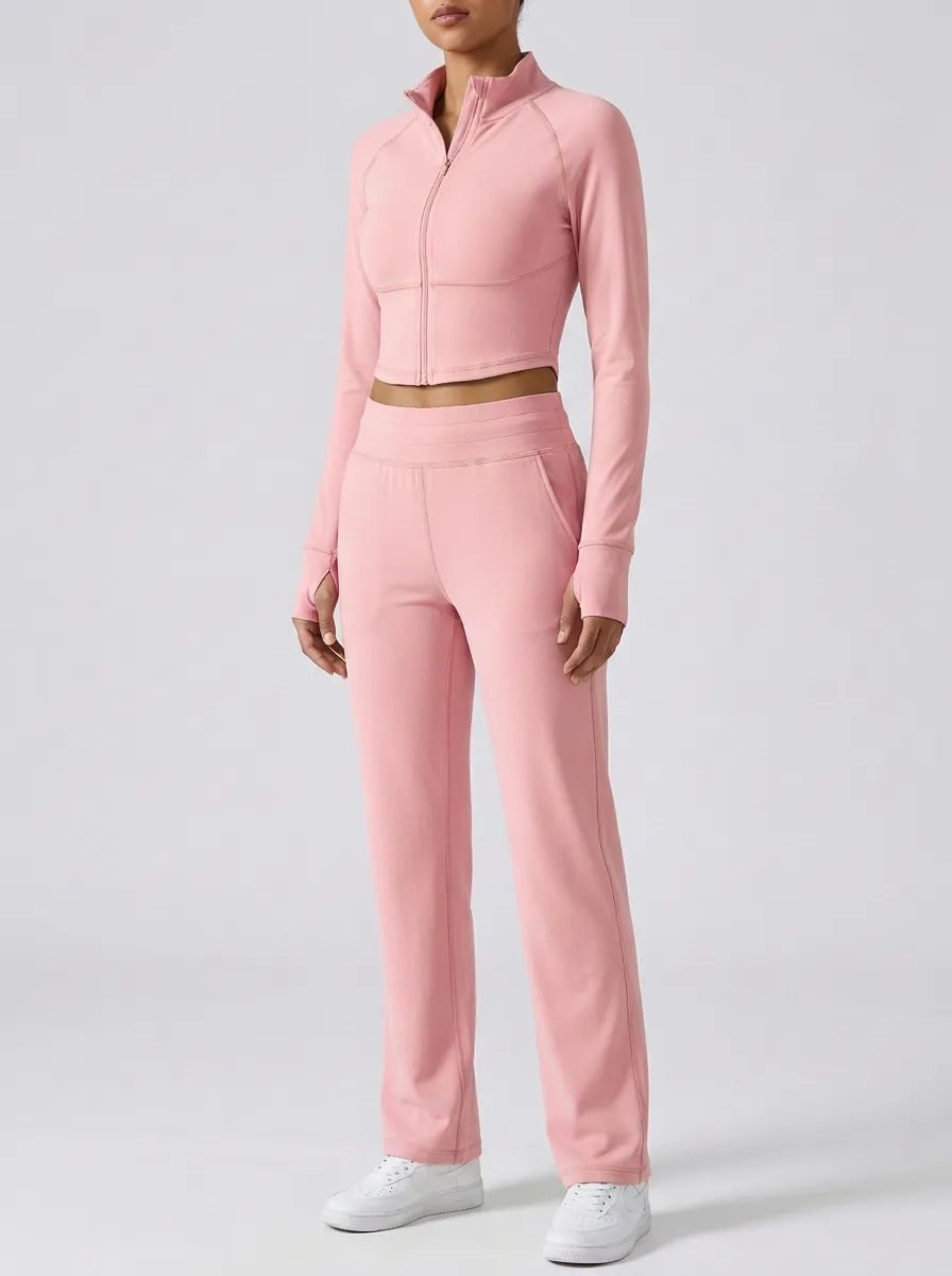 Women's High-Neck Zip-Up Thumbhole Cropped Jacket and Straight-Leg Pant Set