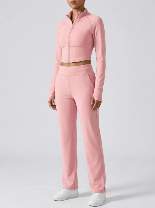 Women's High-Neck Zip-Up Thumbhole Cropped Jacket and Straight-Leg Pant Set