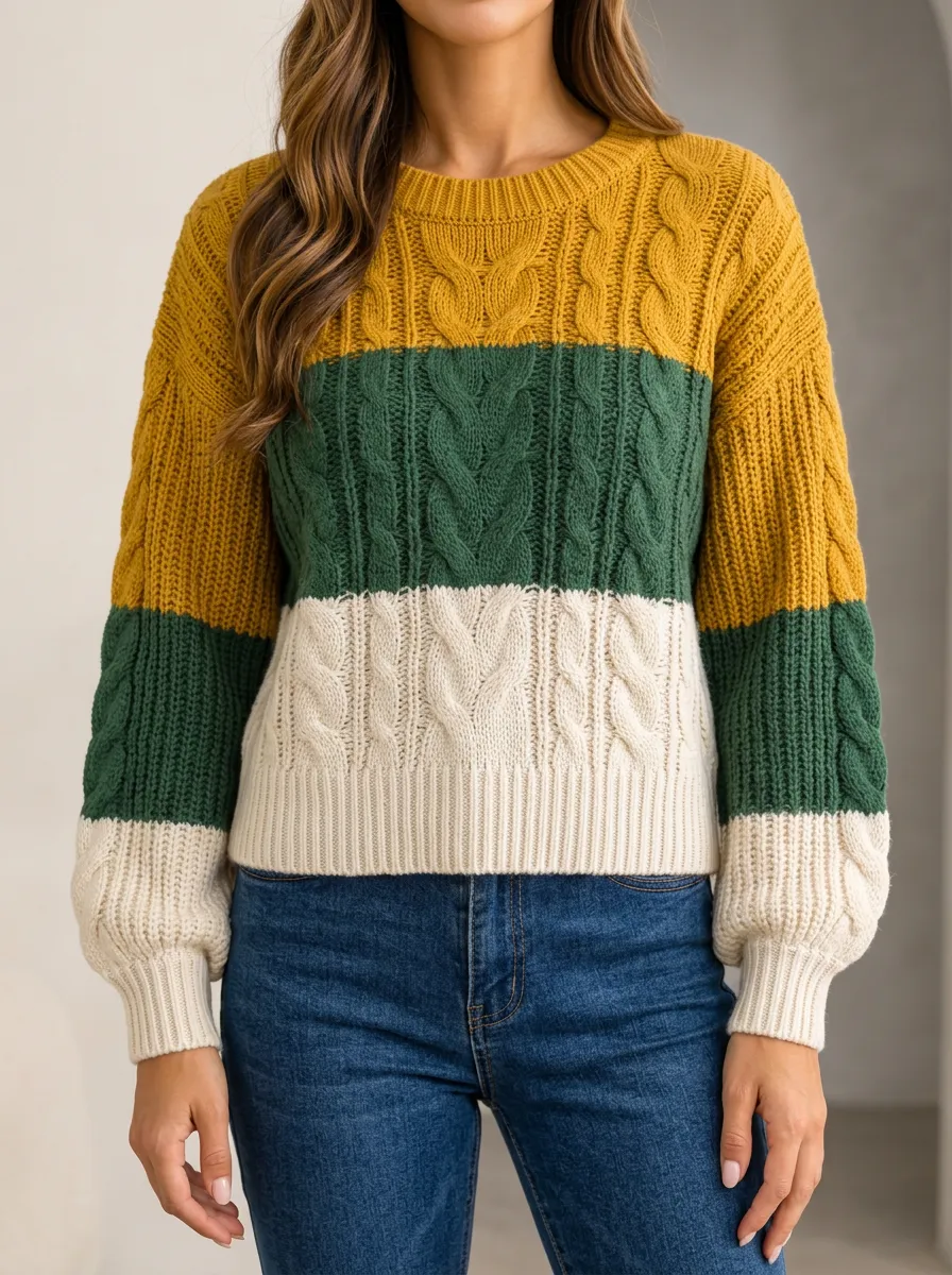 Cable Knit Round Neck Pullover with Patterned Contrast