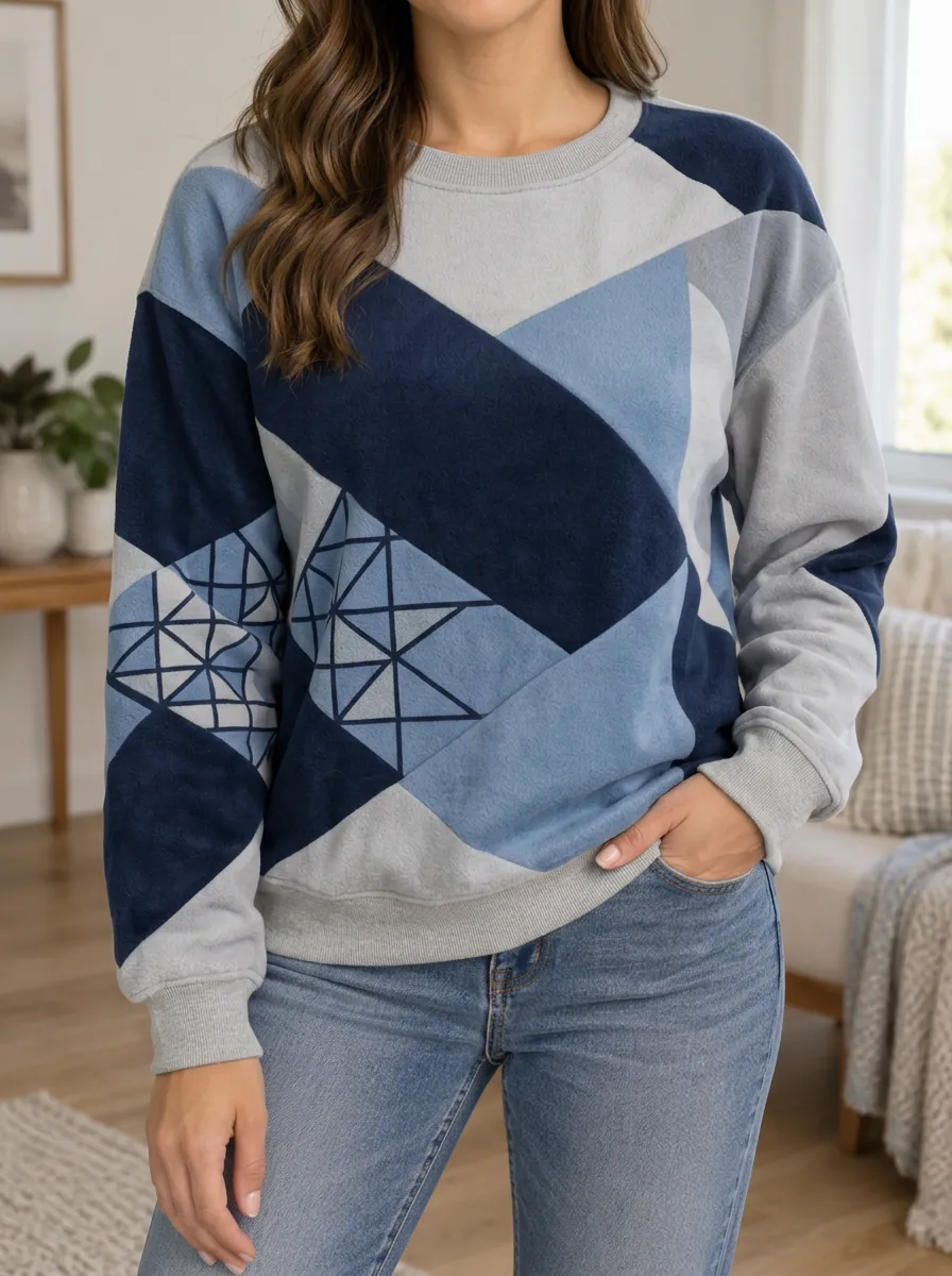 Women's Geometric Colorblock Blue Pattern Printed Fleece Sweatshirt