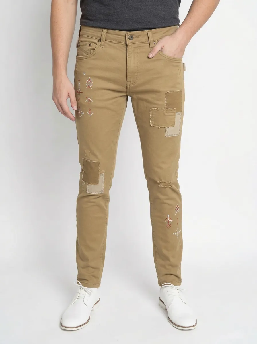 Men's Blue Tribal Geometric Embroidered Patchwork Slim Fit Jeans