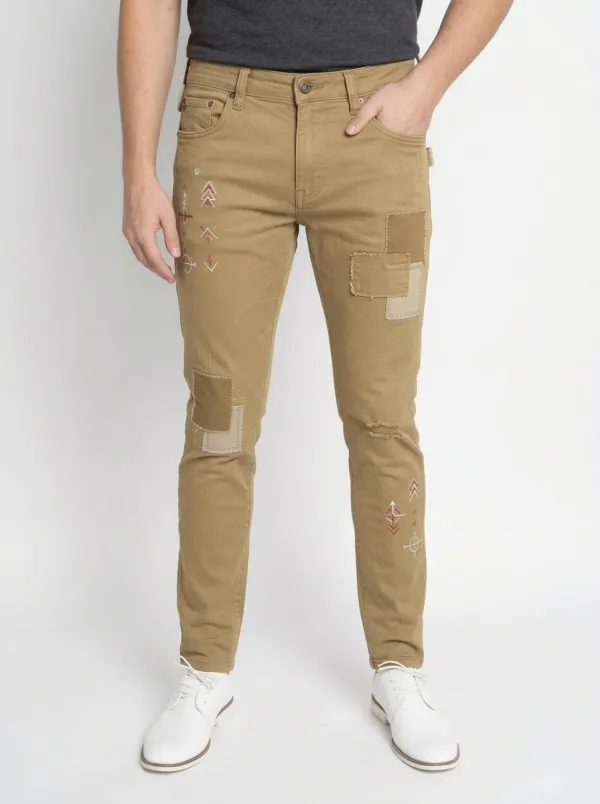 Men's Blue Tribal Geometric Embroidered Patchwork Slim Fit Jeans