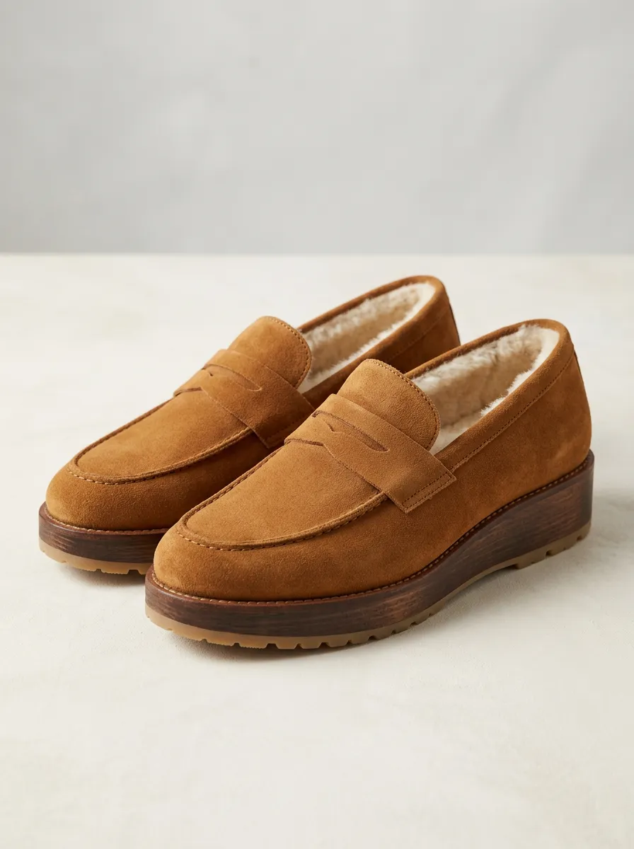 Women's Rugged Faux Fur Lined Platform Winter Suede Wood Sole Loafers