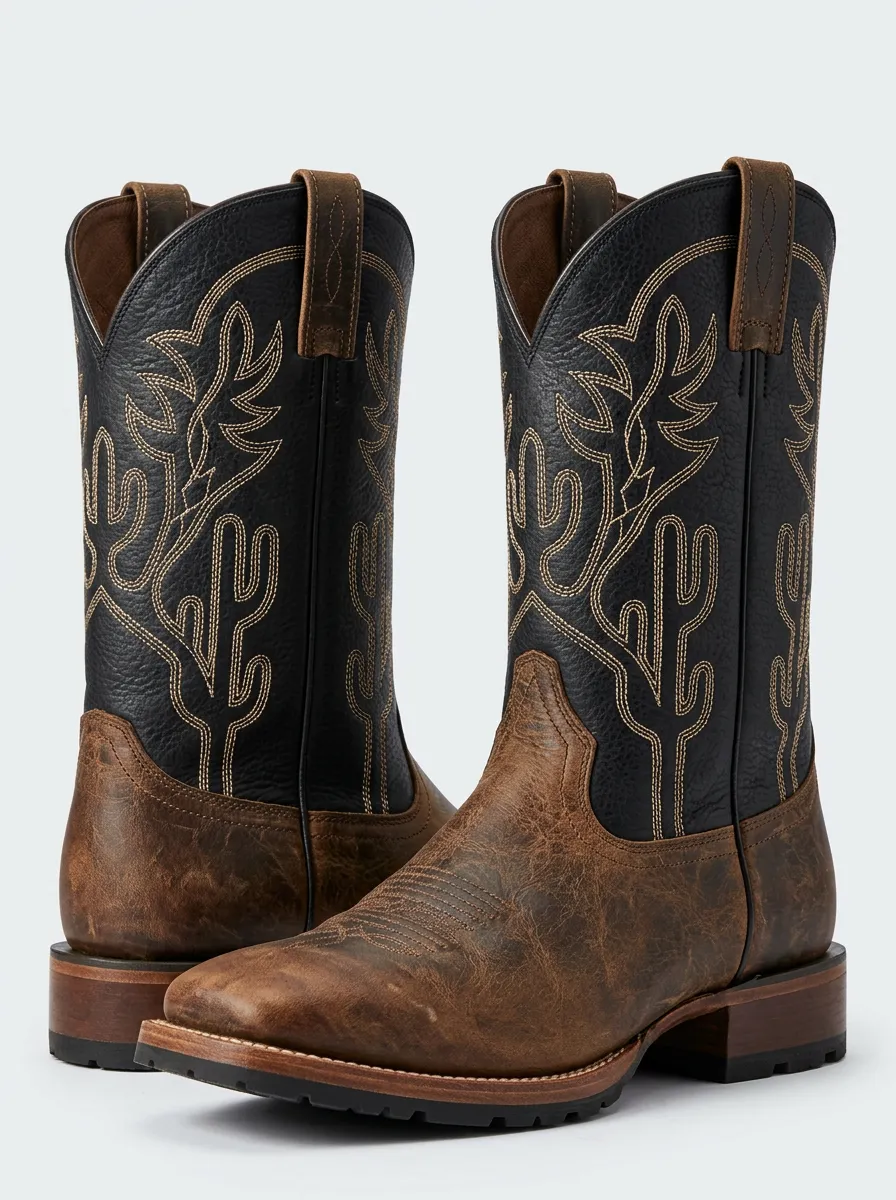 Rustic Cactus Embroidered Leather-Look Profile Men's Western Cowboy Boots