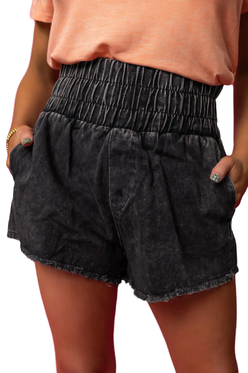Black Smocked High Waist Mineral Washed