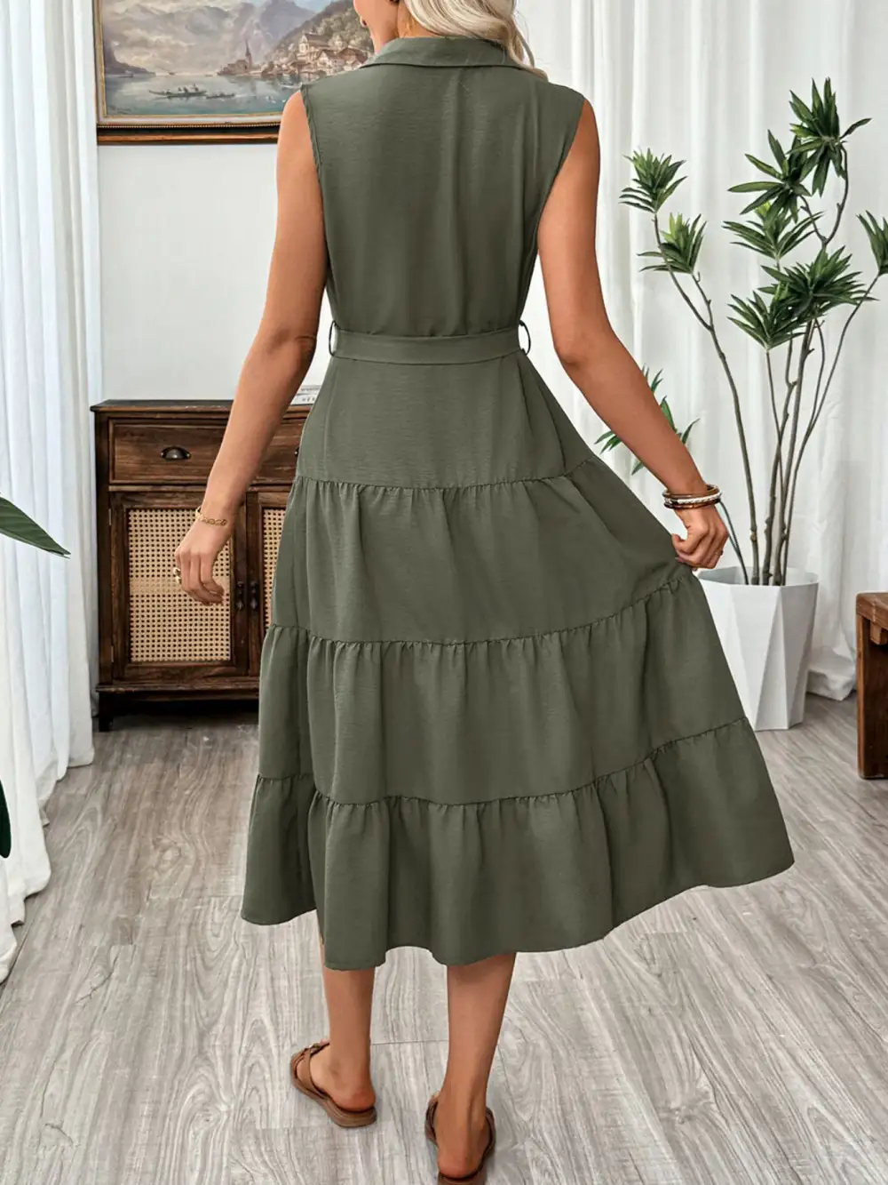 Button Front Tiered Sleeveless Midi Dress