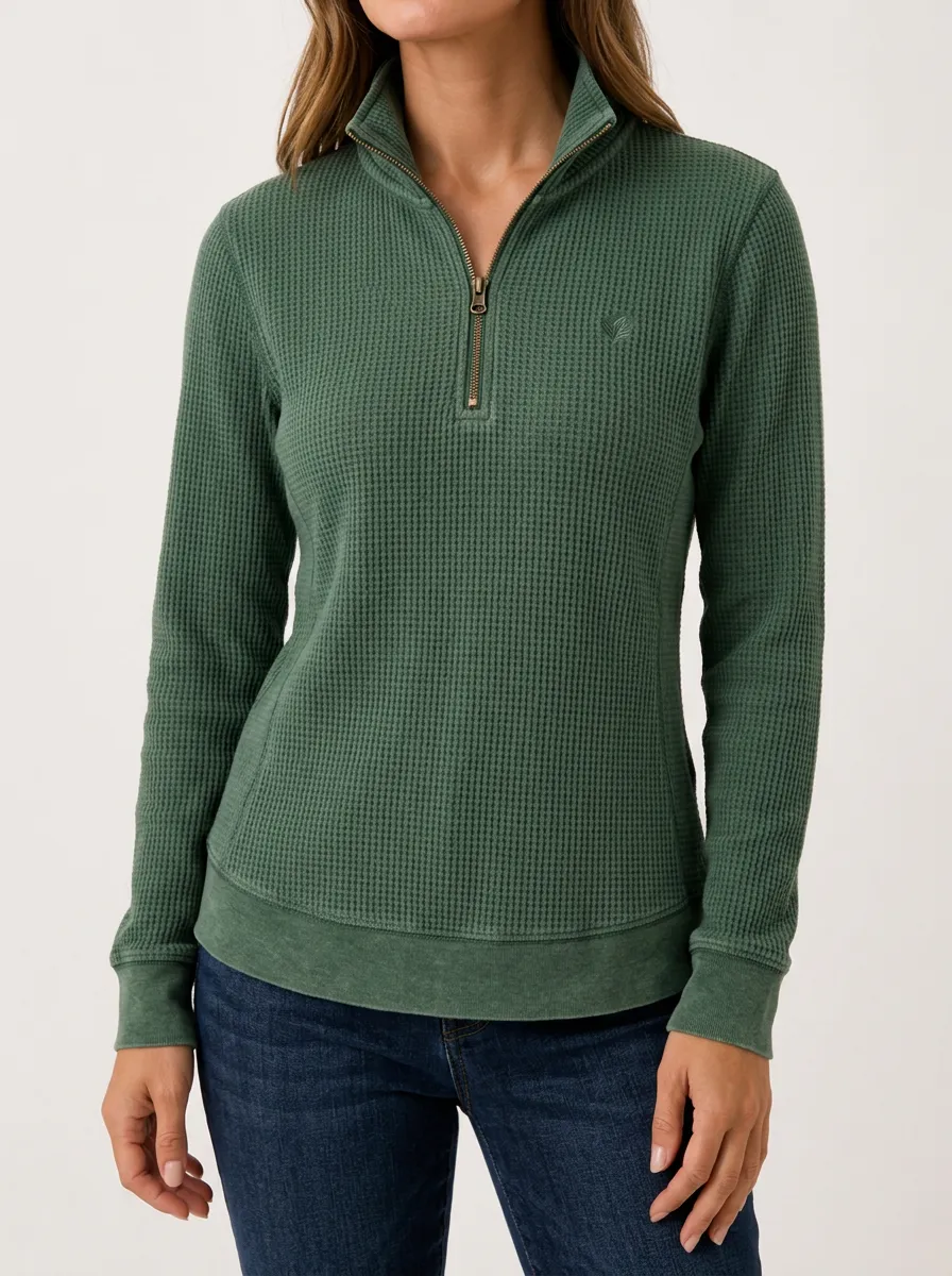 Heritage Inspired Waffle Knit Quarter Zip Pullover Top