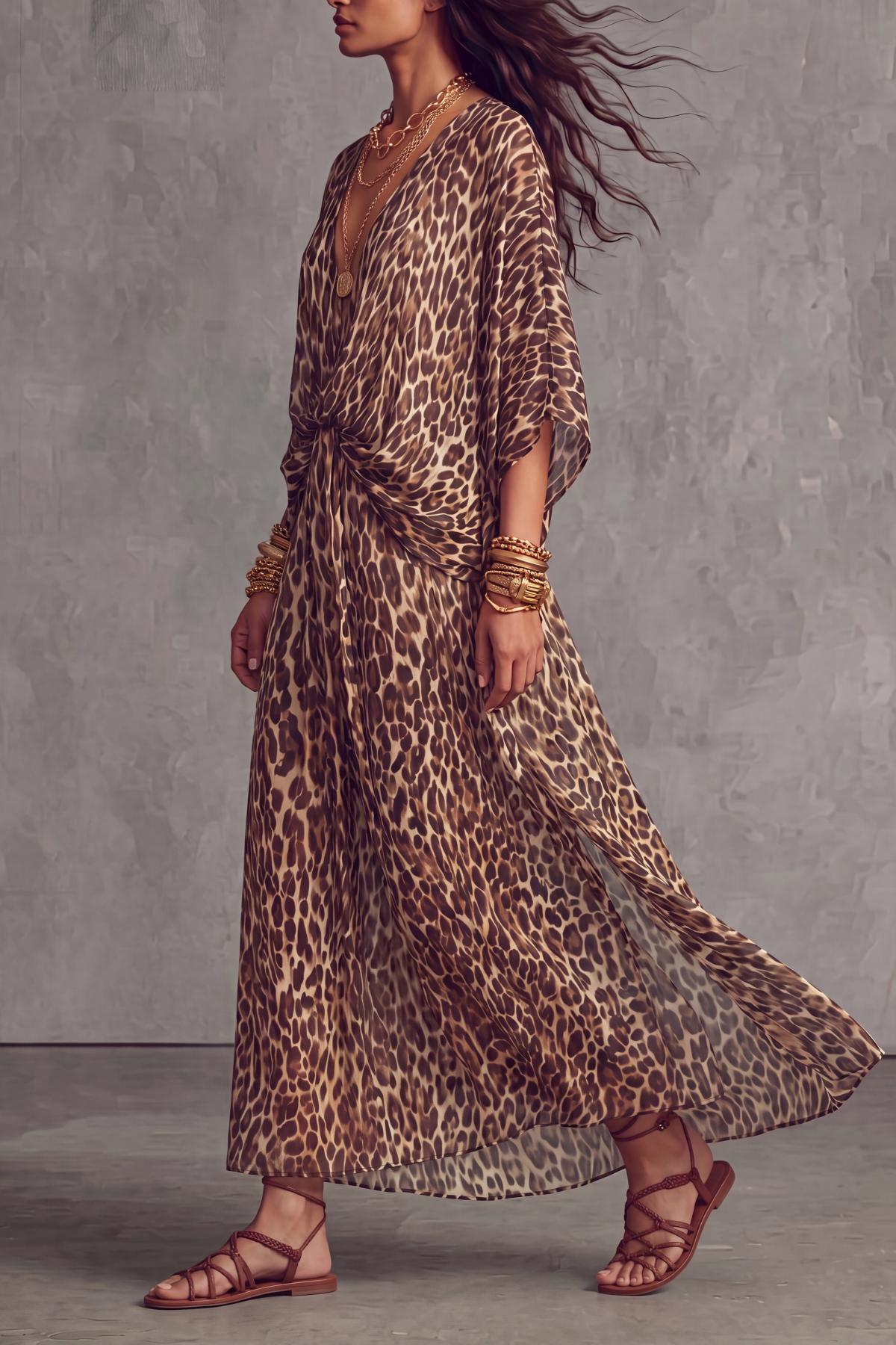 Batwing Sleeve Leopard Pattern Printed Maxi Dress