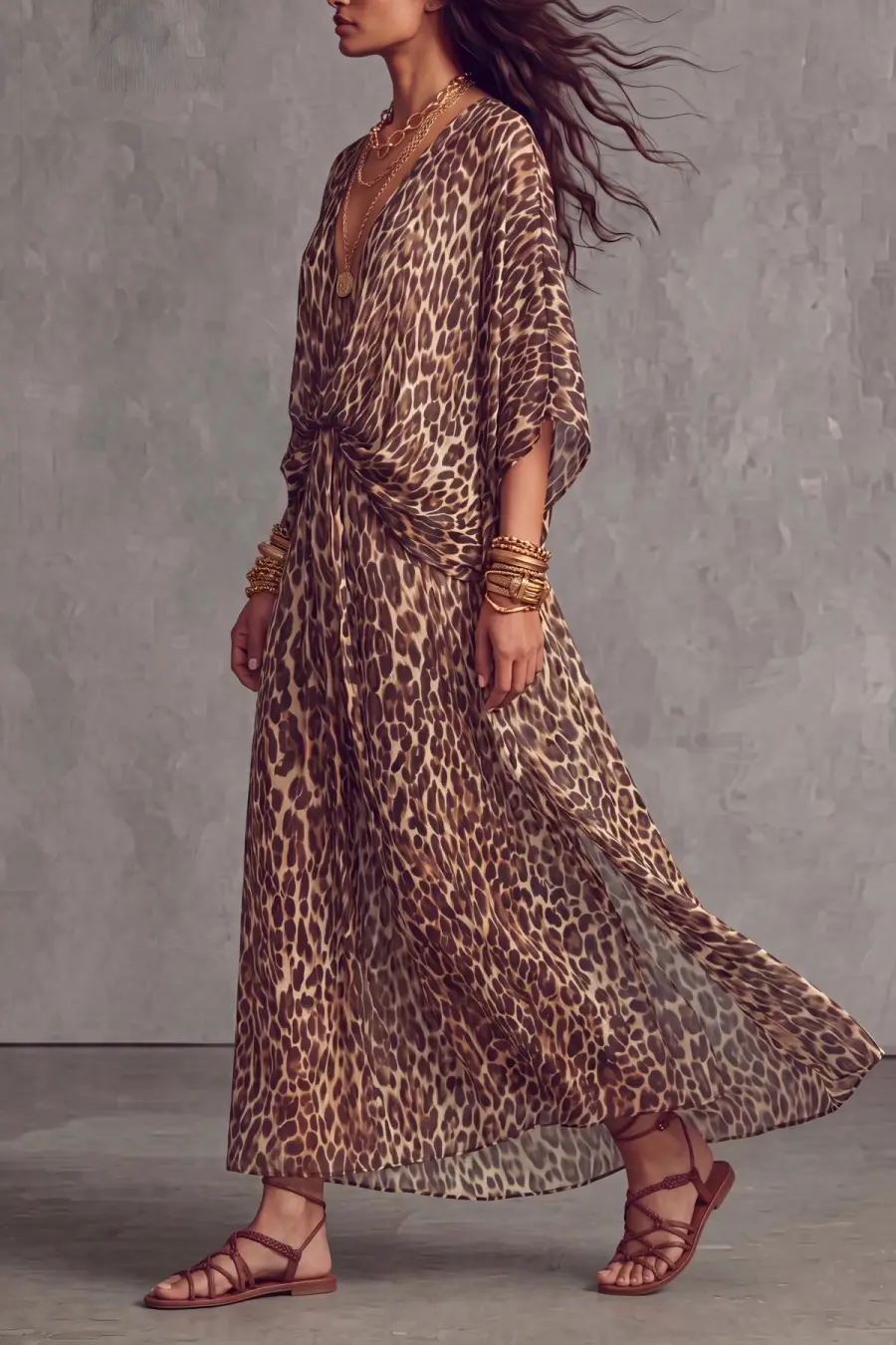 Batwing Sleeve Leopard Pattern Printed Maxi Dress