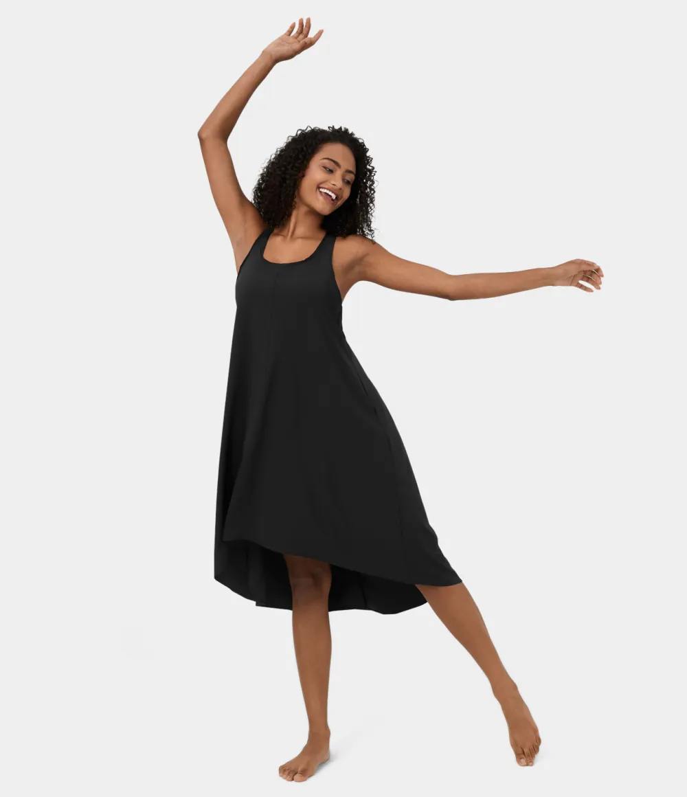 Breezeful Backless Racerback Side Pocket High Low Flowy Midi Quick Dry Casual Dress