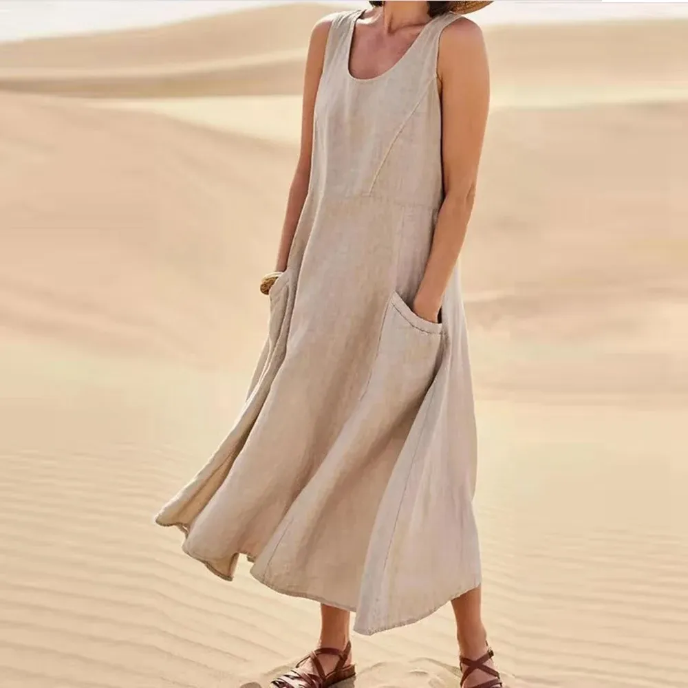 Sleeveless Linen Blend Cotton Blend Maxi Dress
