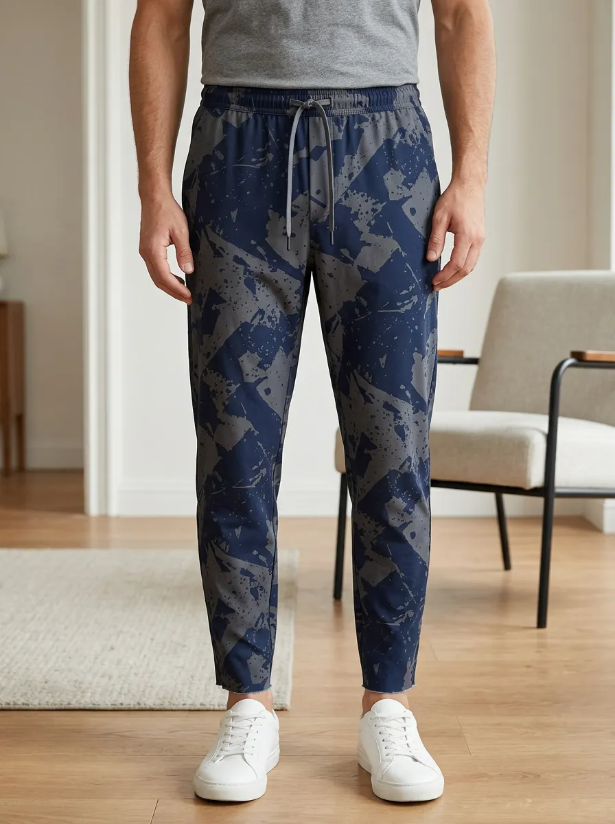 Men's Activewear Navy Grey Paint Splatter Printed Jogger Pants