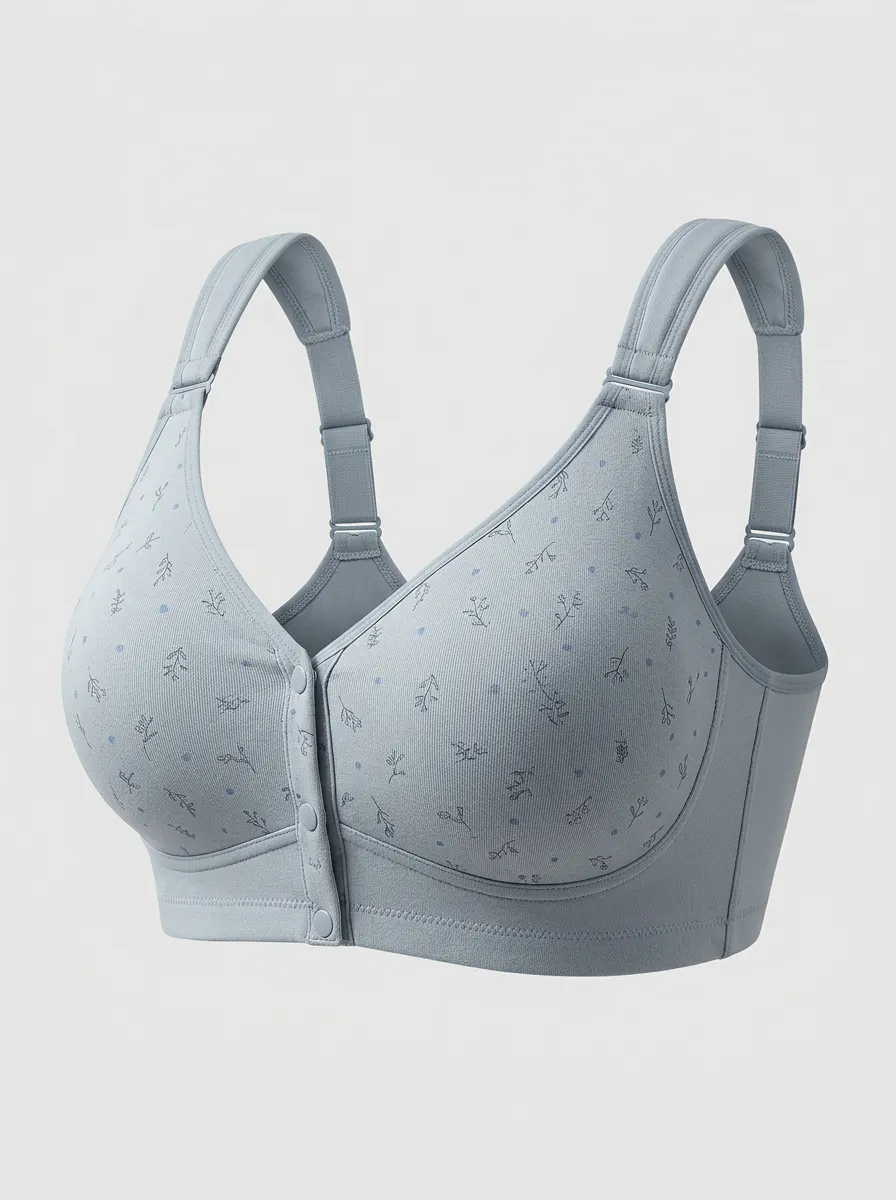 Women's Plus Size Blue Floral Dot Front-Closure Full-Coverage Wireless Bra