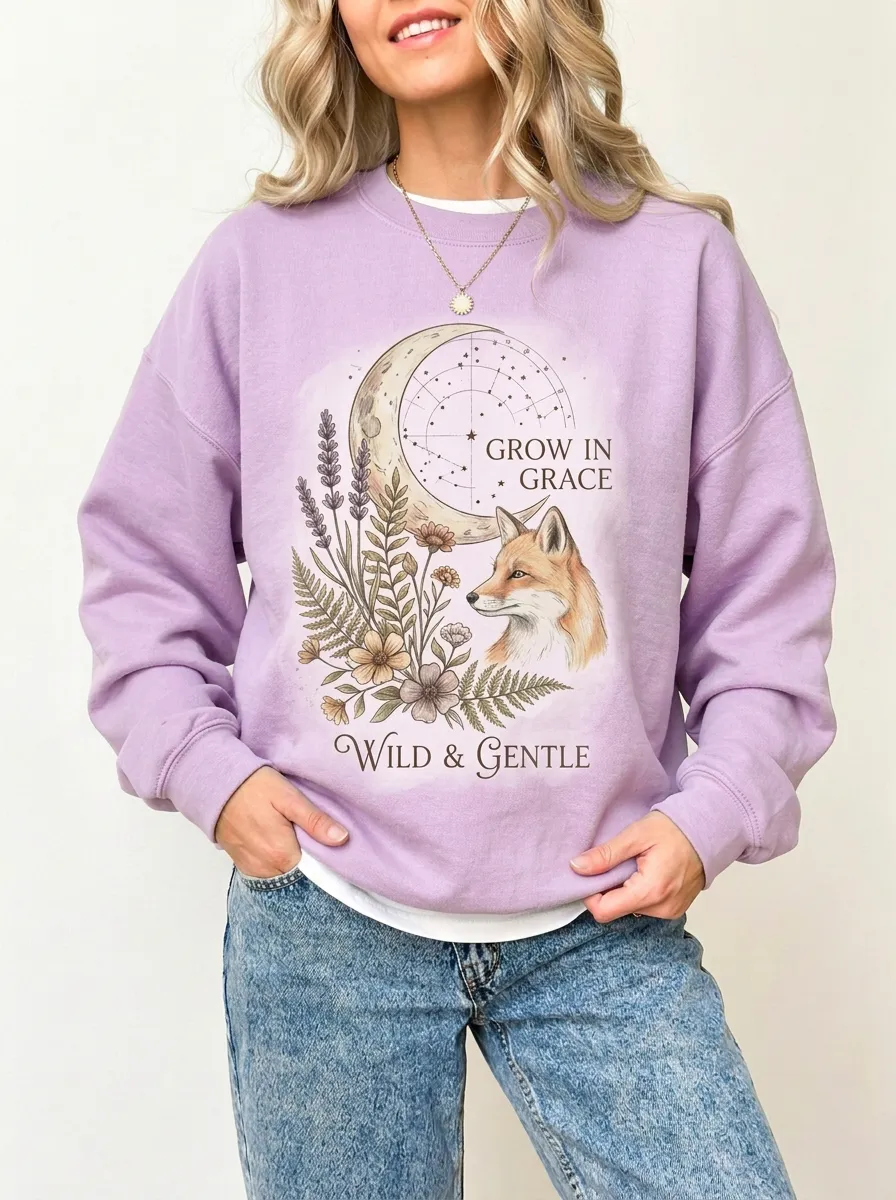 Women's Celestial Fox Floral Grow In Grace Graphic Sweatshirt