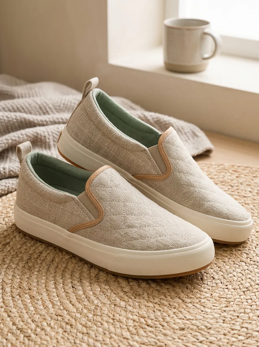 Women's Casual Beige Quilted Linen Printed Slip-on Shoes