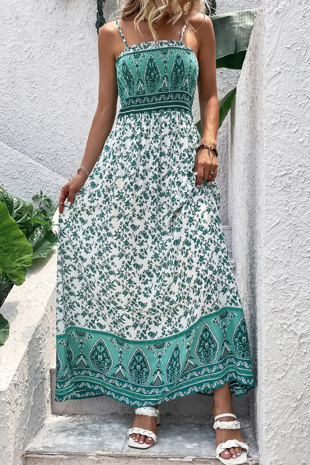 Classic Boho Floral Print Shirred Cami Maxi Dress