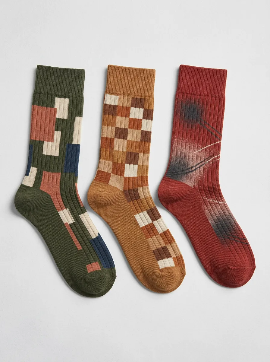 Men's Geometric Abstract Pattern Printed Three Pack Socks Grid Detail