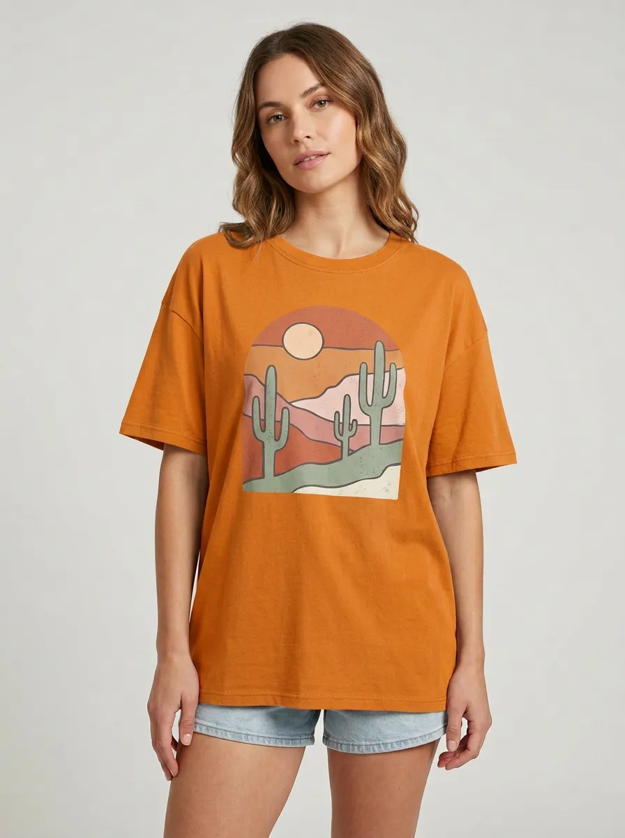 Women's Desert-Cactus-Graphic Crewneck T-Shirt