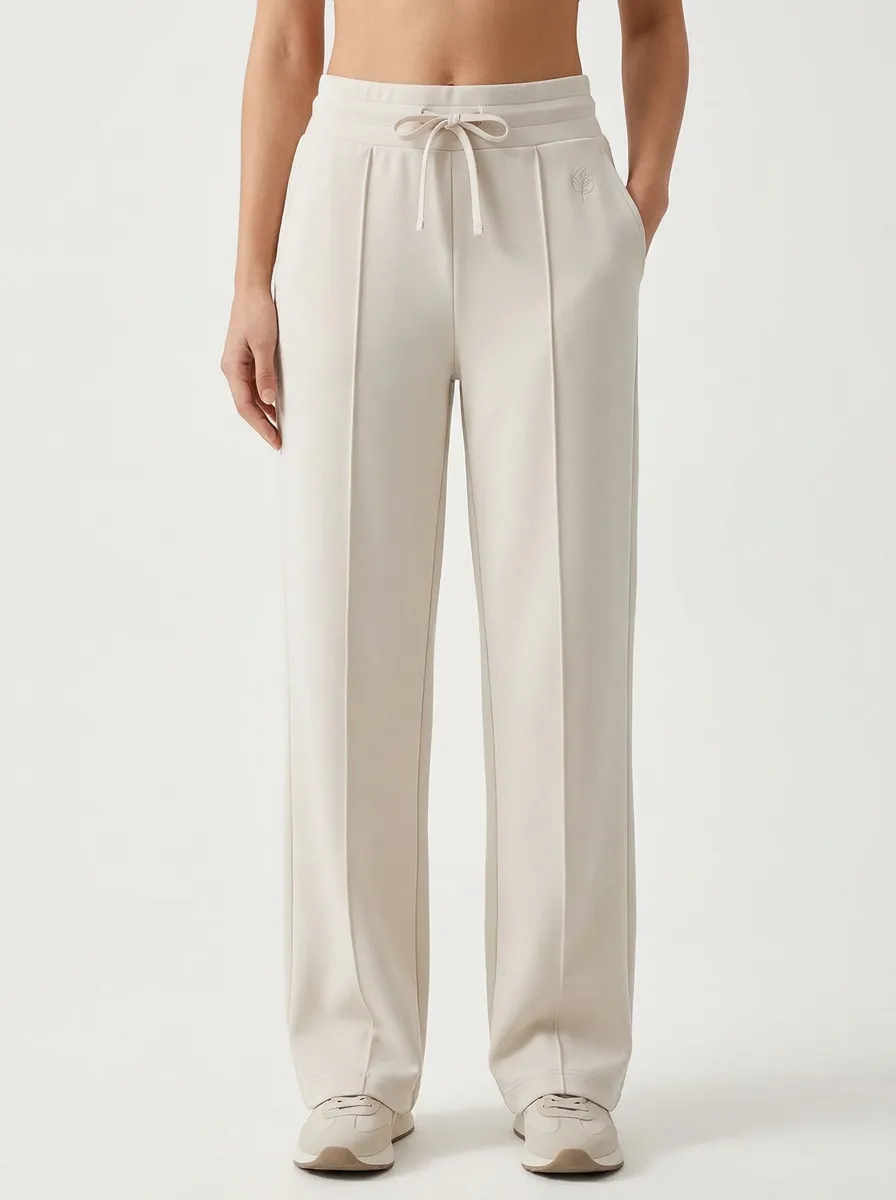 Women's Minimalist Solid Beige Embroidered Leaf Drawstring Sweatpants