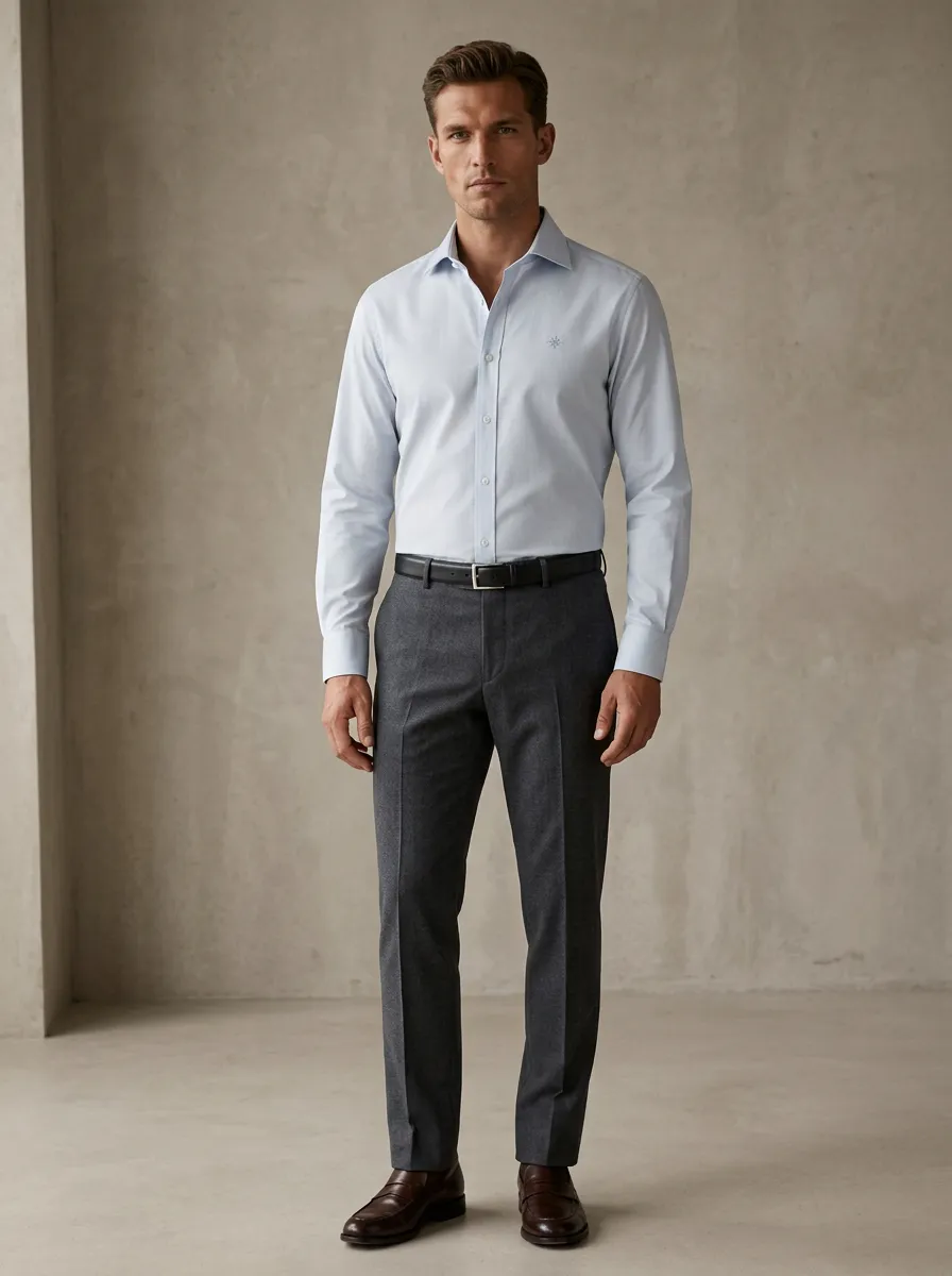 Men's Business Casual Light Blue Non-Iron Cotton Embroidered Shirt
