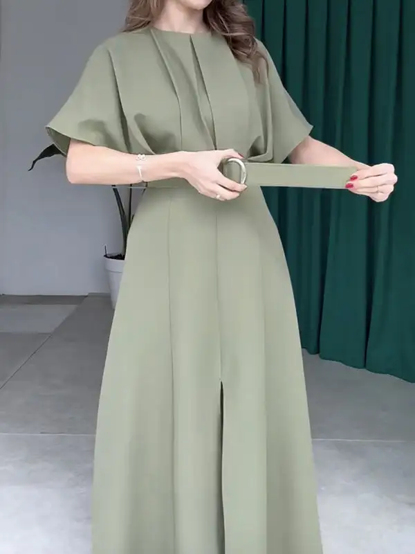 Split Pleated Sleeve Neck Maxi Dress