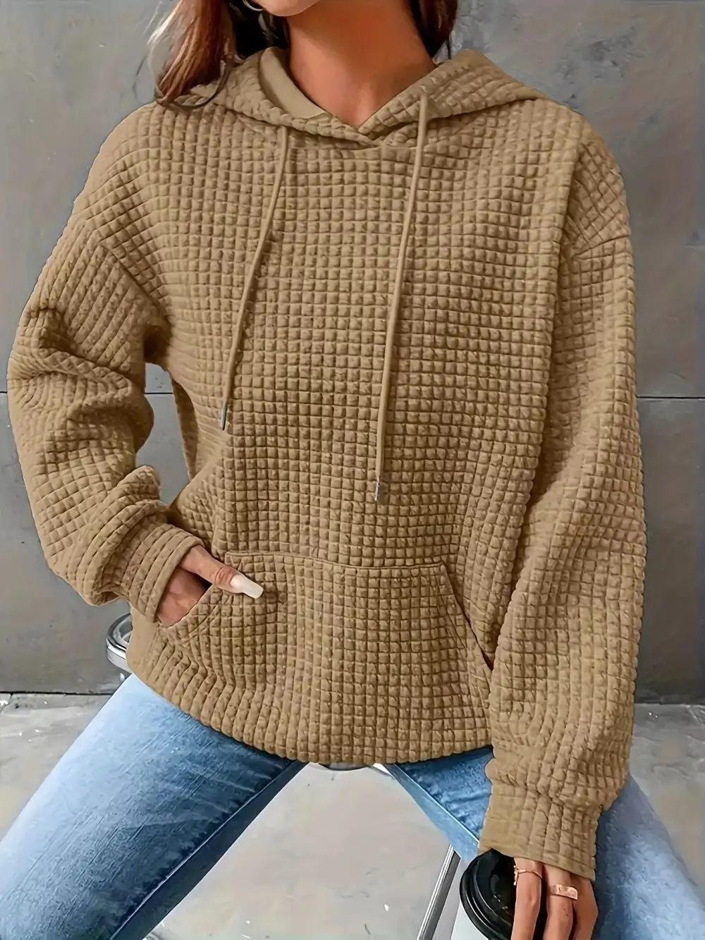 Drawstring Pocketed Textured Knit Hoodie