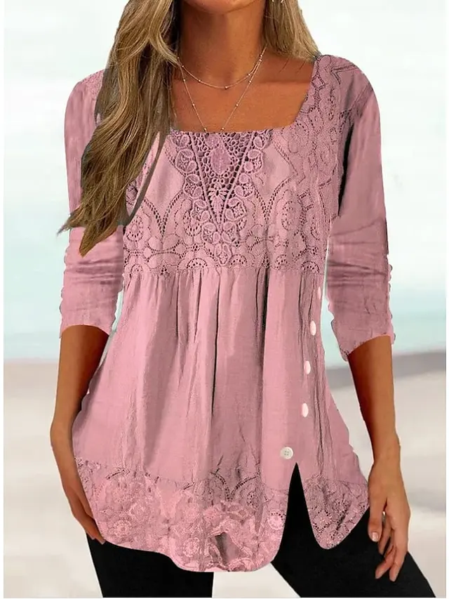 Women's Shirt Blouse Pink Dark Green Gray Plain Lace Long Sleeve