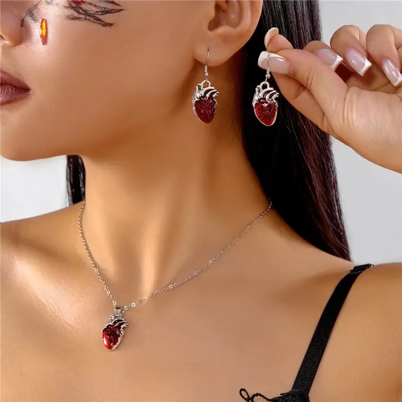 Blood Heart Necklace Earring Bracelet Set