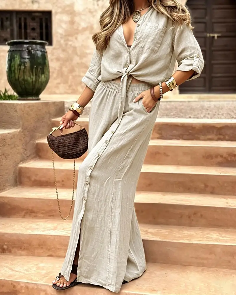 Linen-Blend Tie-Front Top and Wide Leg Pants Set