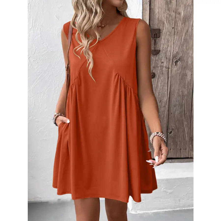 Ruched V-Neck Sleeveless Mini Dress