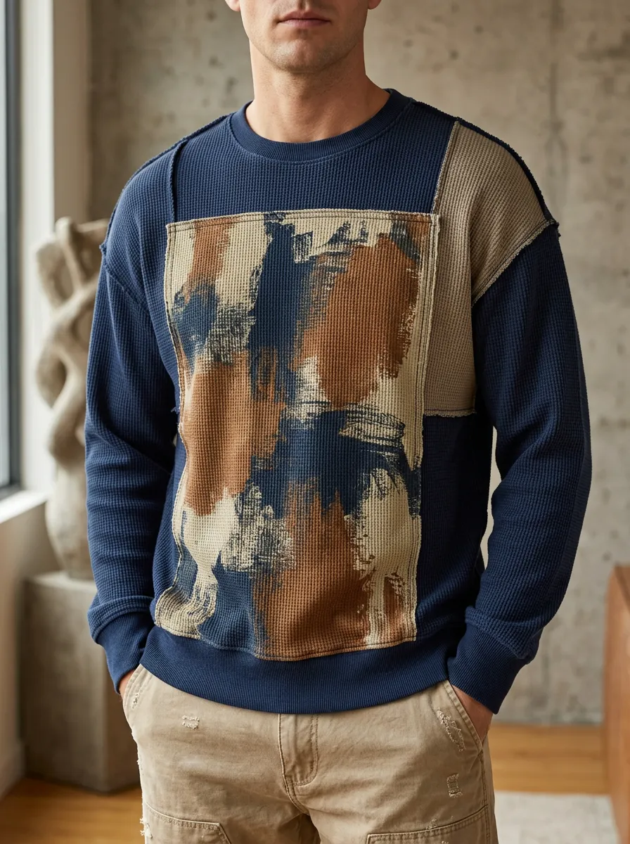 Men's Abstract Brushstroke Patchwork Waffle Knit Printed Sweatshirt
