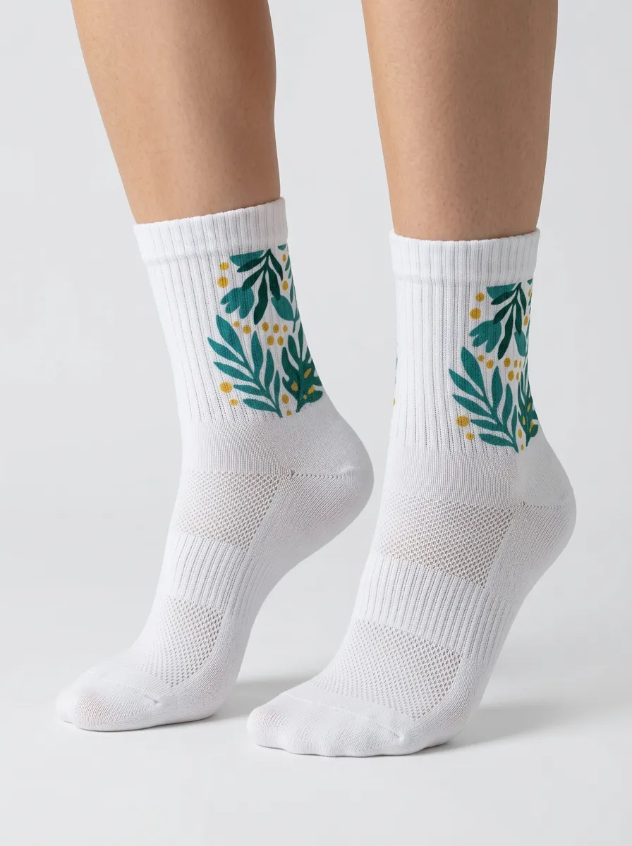 White Trail Botanical Leaf Graphic Performance Ankle Socks
