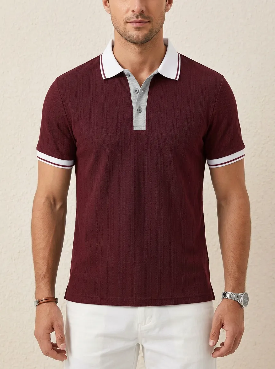 Men's Navy Blue Vertical Ribbed Contrast Collar Polo Shirt