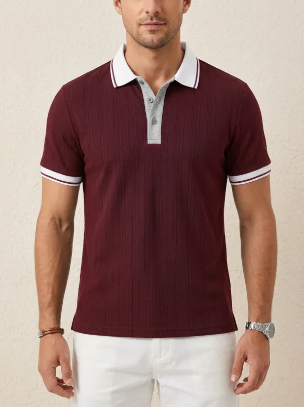 Men's Navy Blue Vertical Ribbed Contrast Collar Polo Shirt