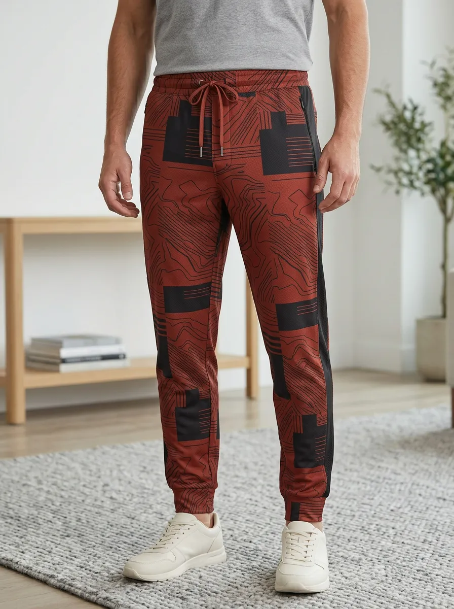 Men's Geometric Topographic Pattern Printed Jogger Pants