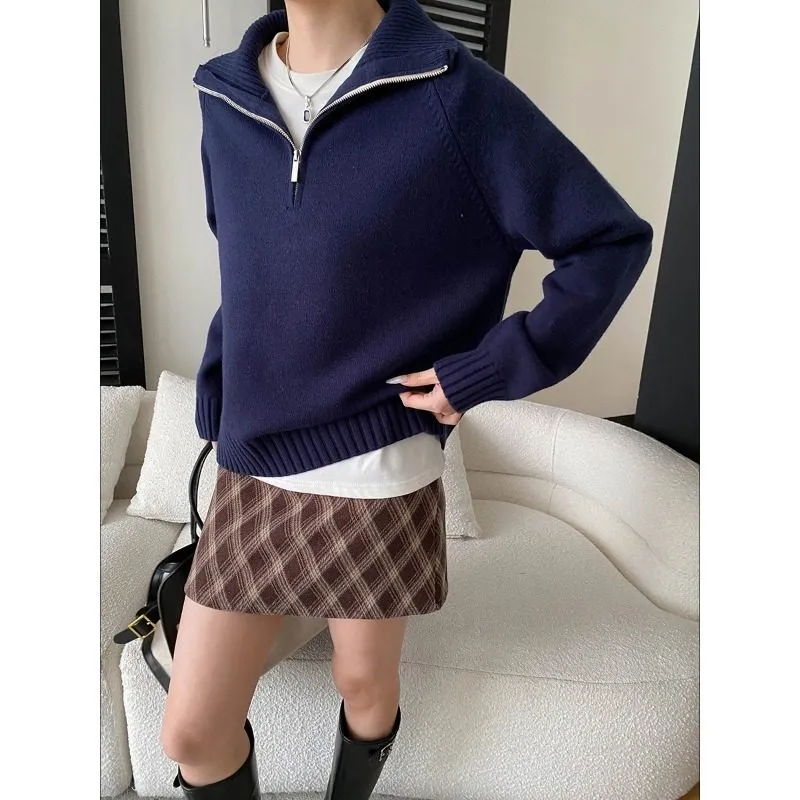 Refined High Neck Half Zip Loose Knit Sweater