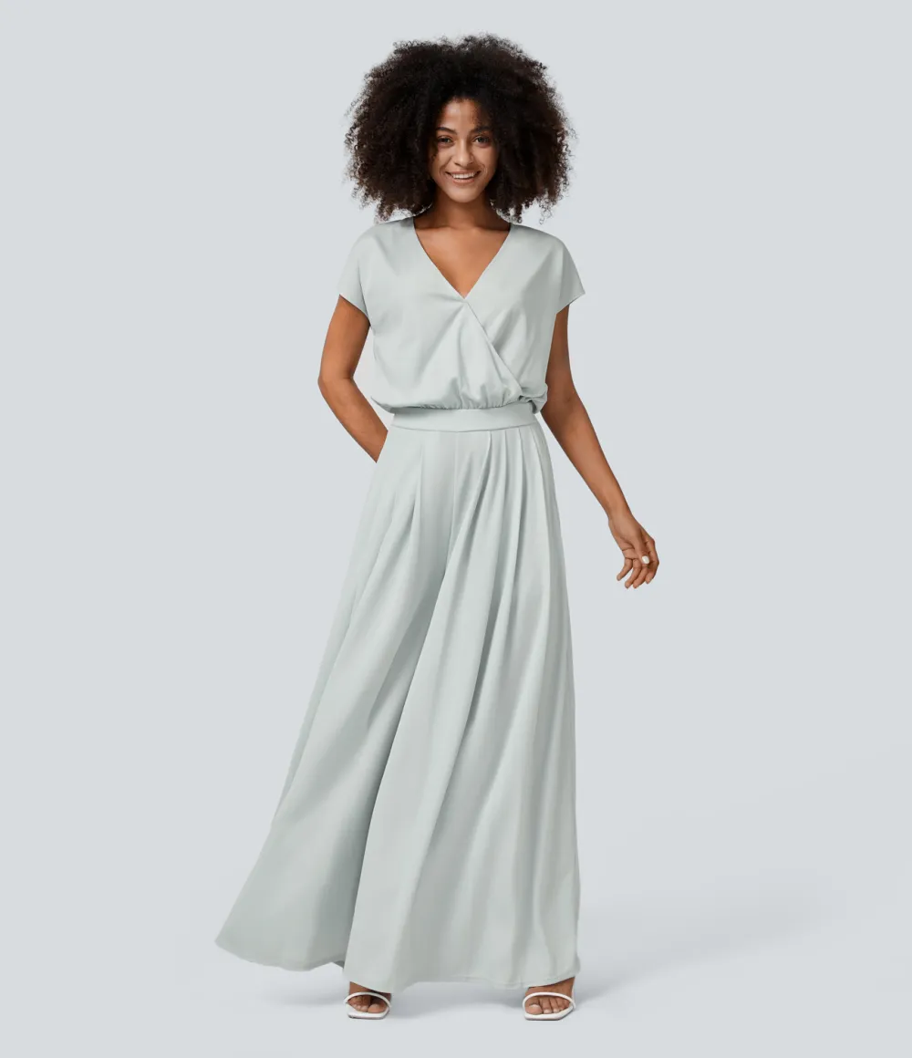 V Neck Short Sleeve Plicated Side Pocket Wide Leg Flowy Waffle Casual Jumpsuit