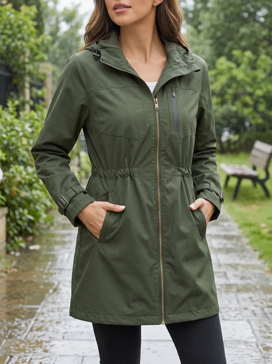 Women's Olive Green Hooded Waterproof Rain Jacket with a Chest Pocket