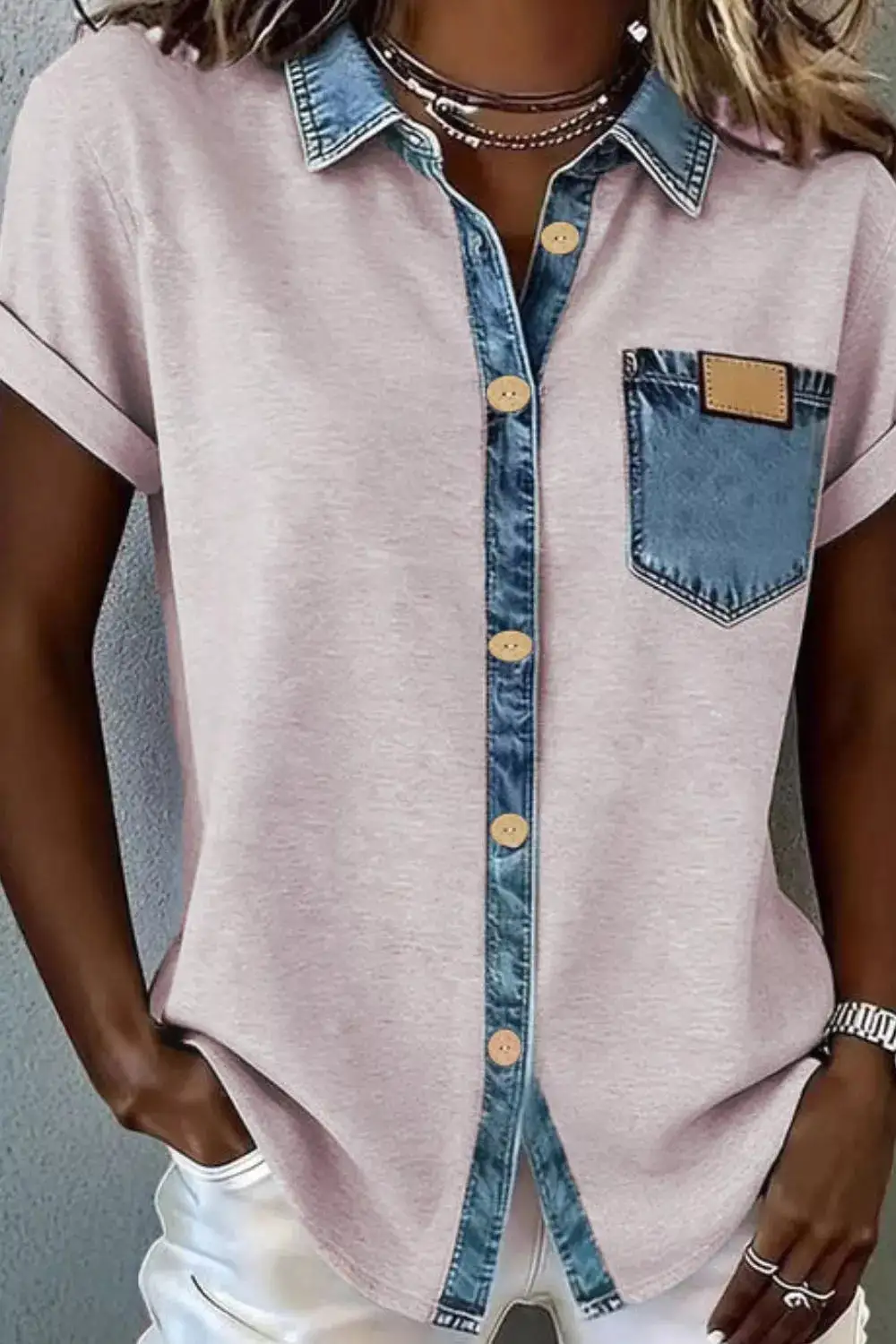 Classic Denim Trim Button Down Shirt