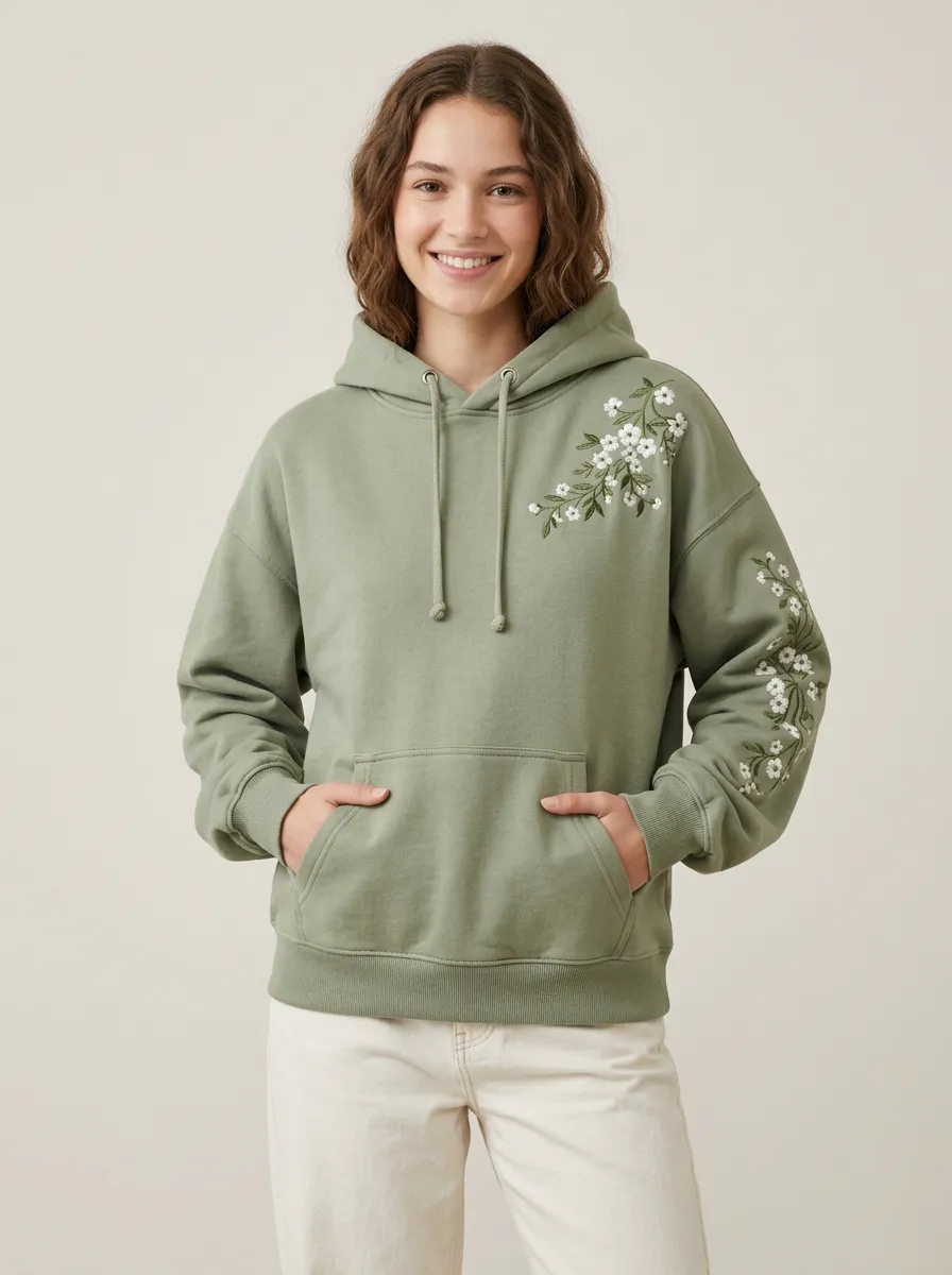 Women's Floral Embroidered Graphic Nature Inspired Easy Comfort Hoodie