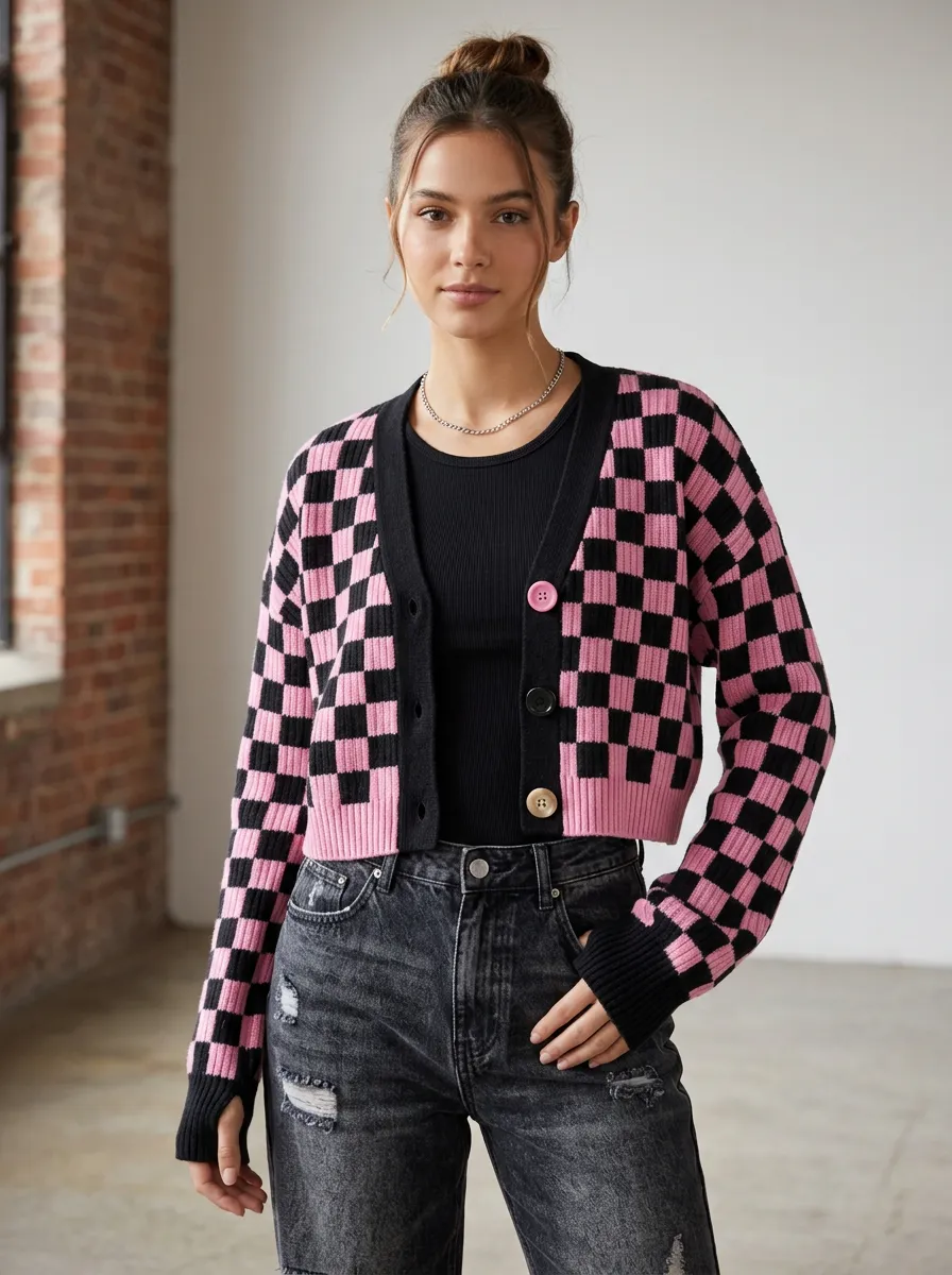 Women's Pink Black Checkerboard Pattern Knitted Cardigan