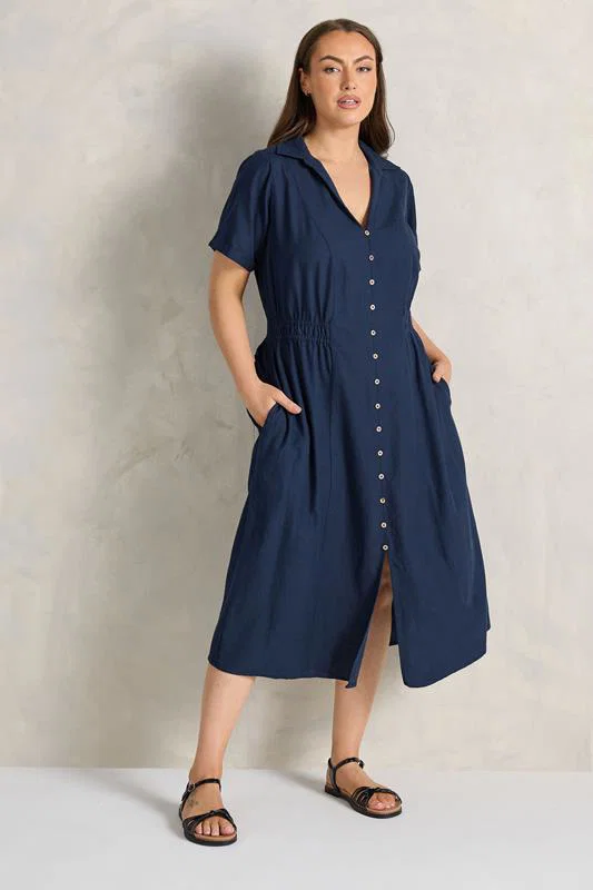 Navy Blue Linen Shirred Waist Midi Dress detail 1